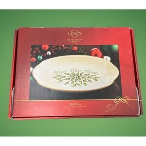 Lenox Holiday BLESS THIS HOME Oval Bread Serving Tray Plate Holly Berry Gold Rim